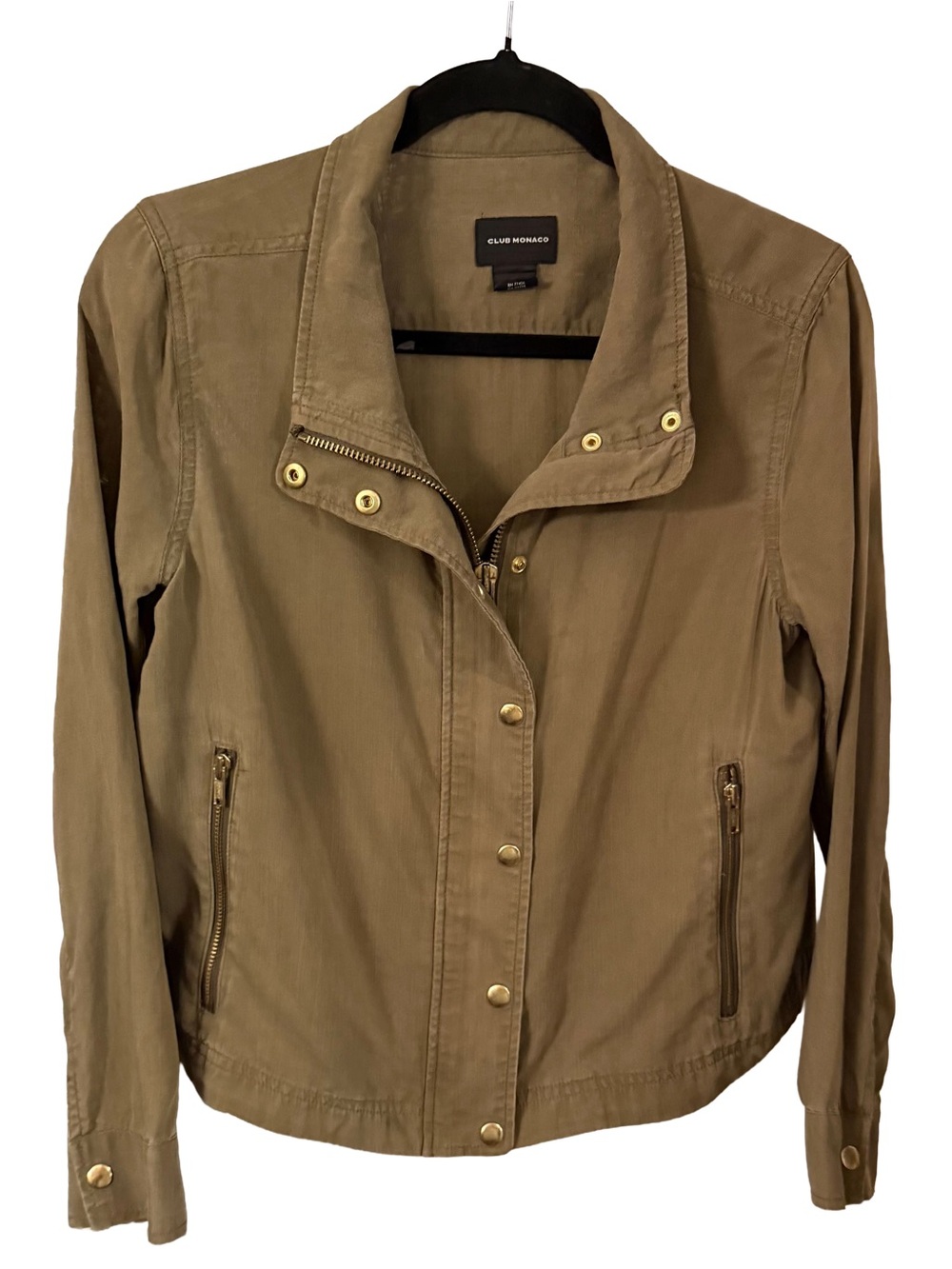 Club Mónaco Women's Green Utility Bomber Jacket Zip & Snap Close Sz S/P EUC